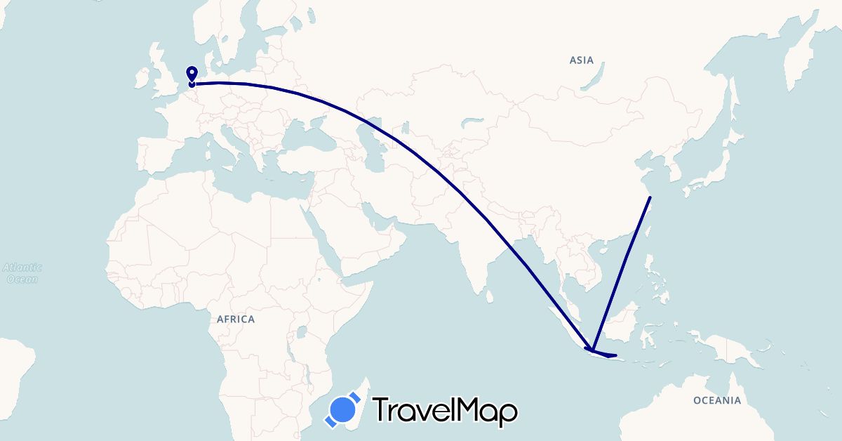 TravelMap itinerary: driving in China, Indonesia, Netherlands (Asia, Europe)